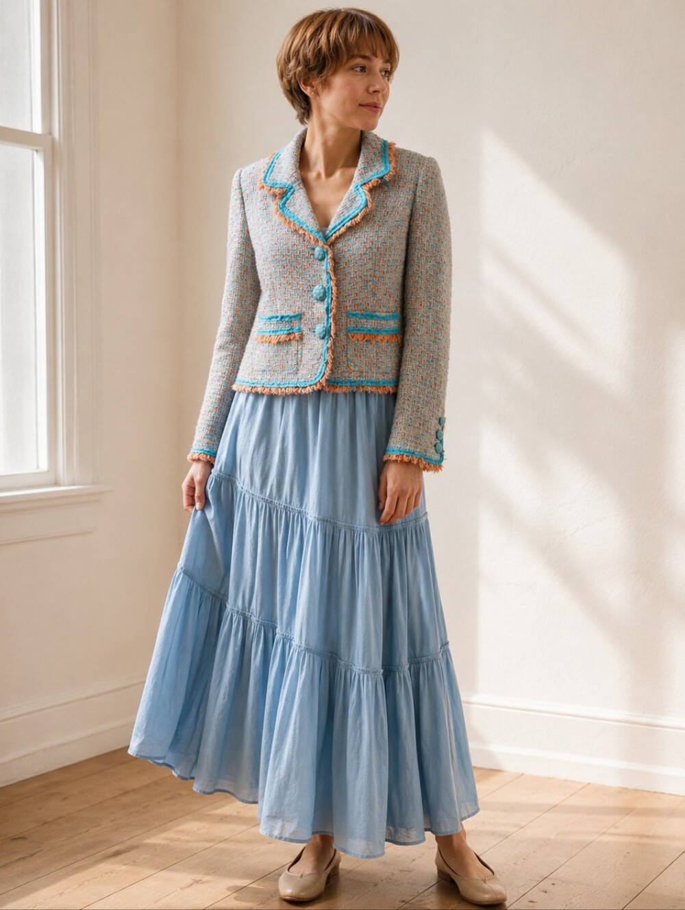 Cynthia Steffe Coral and Blue Boucle Tweed Blazer